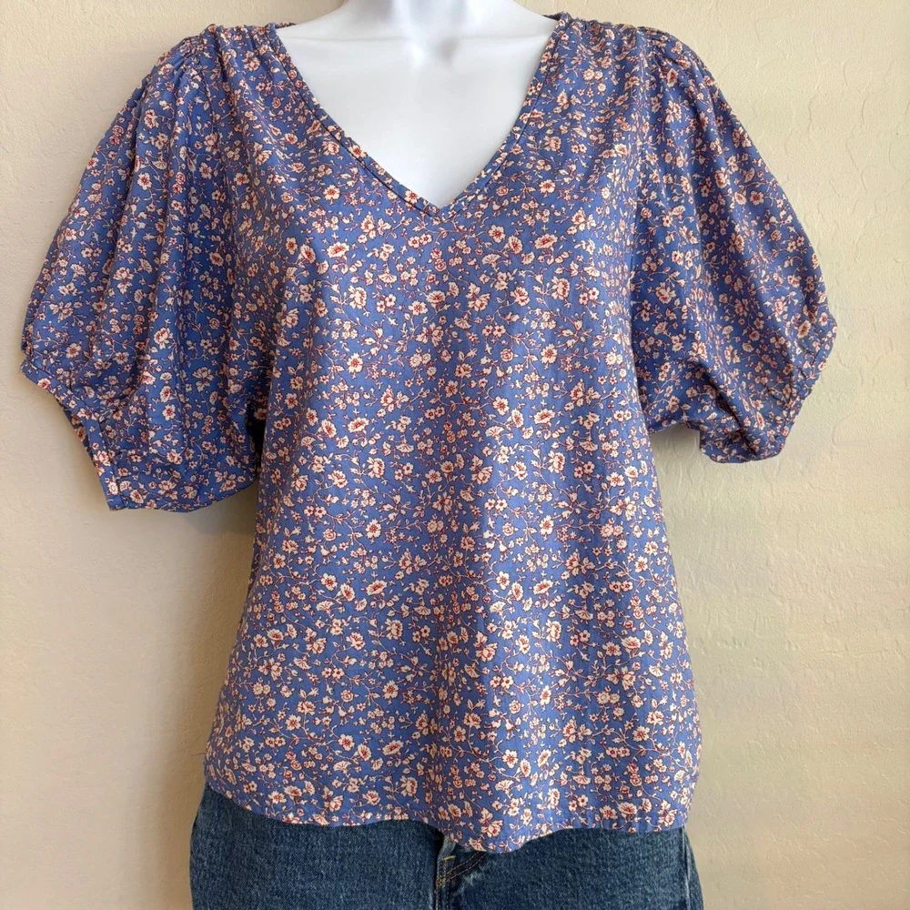 Madewell Blue Floral Puff‎ Sleeve V Neck Casual Blouse Top Women XS Boho Peasant